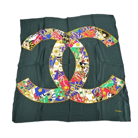 Auth Chanel Bijou Motif Big Scarf Stole Green Multicolor Silk - Picture 2 of 8